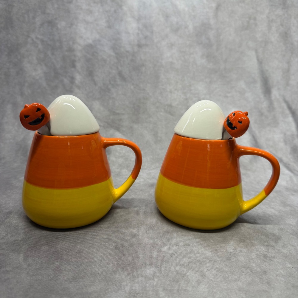 Mr. Christmas Candy Corn Mugs Set of 2 Orange Yellow White Pumpkin Spoons